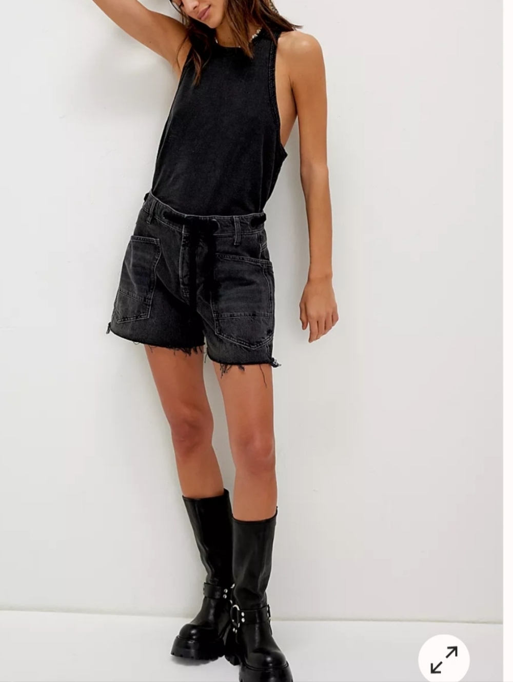 We The Free Washed Black Denim Utility Shorts with Drawstring Waist